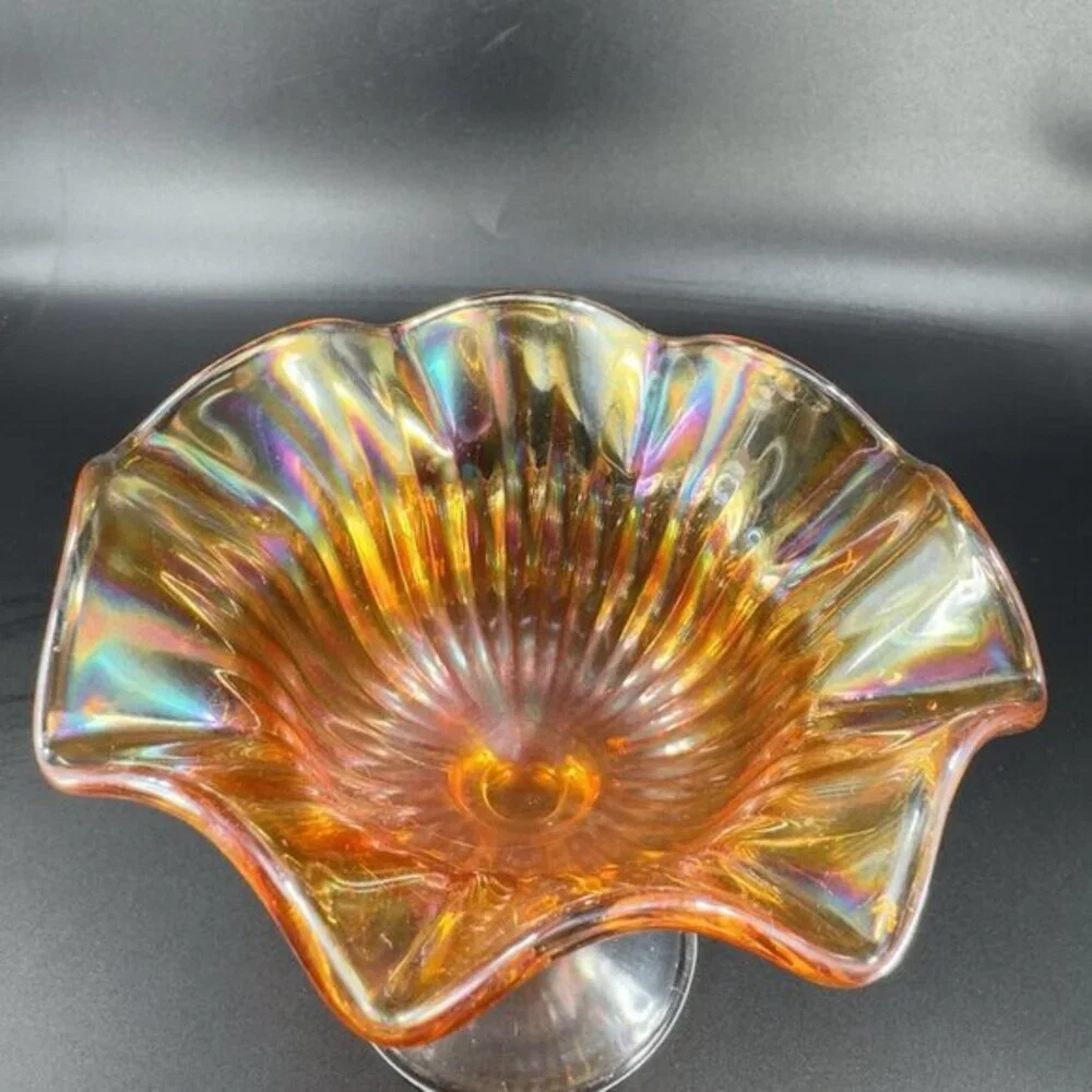 VTG Marigold Carnival Glass Iridescent Ruffled Pedestal Compote Footed Dish Bowl